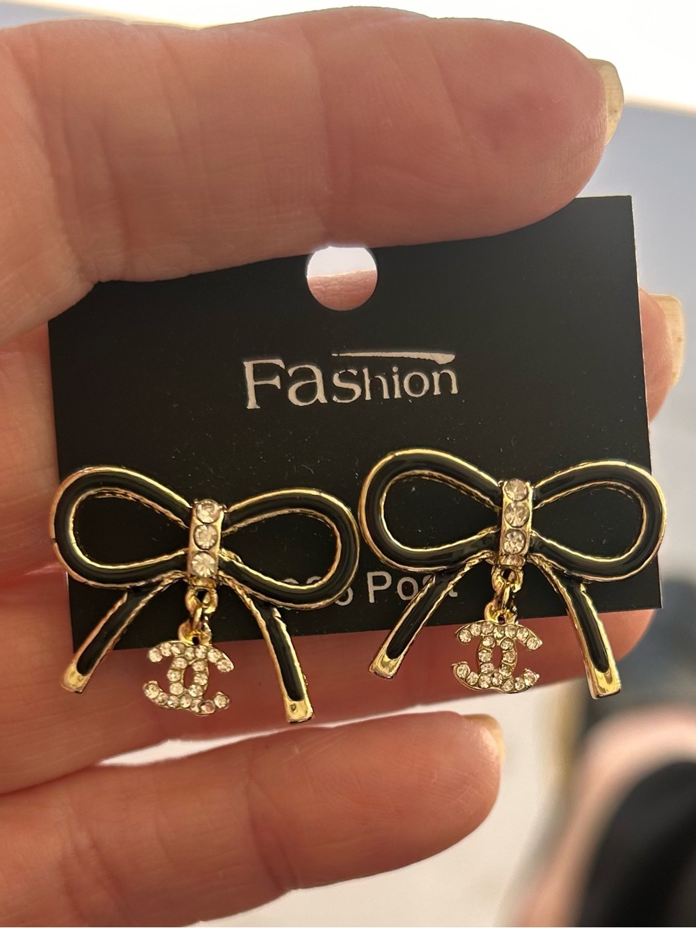 Gold Bow Drop Post Earrings with Crystal Accents, NEW